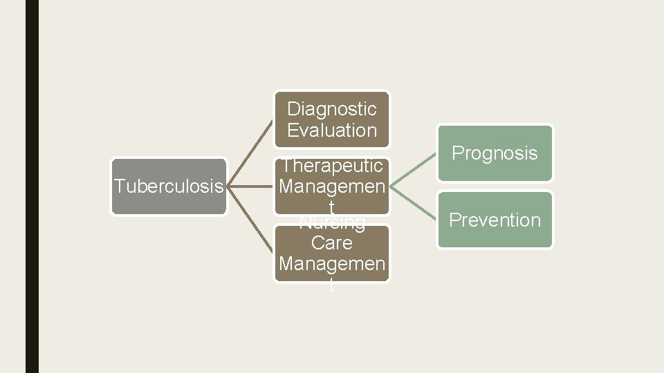 Diagnostic Evaluation Tuberculosis Therapeutic Managemen t Nursing Care Managemen t Prognosis Prevention 