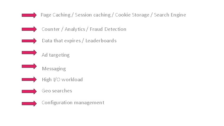 Page Caching / Session caching / Cookie Storage / Search Engine Counter / Analytics
