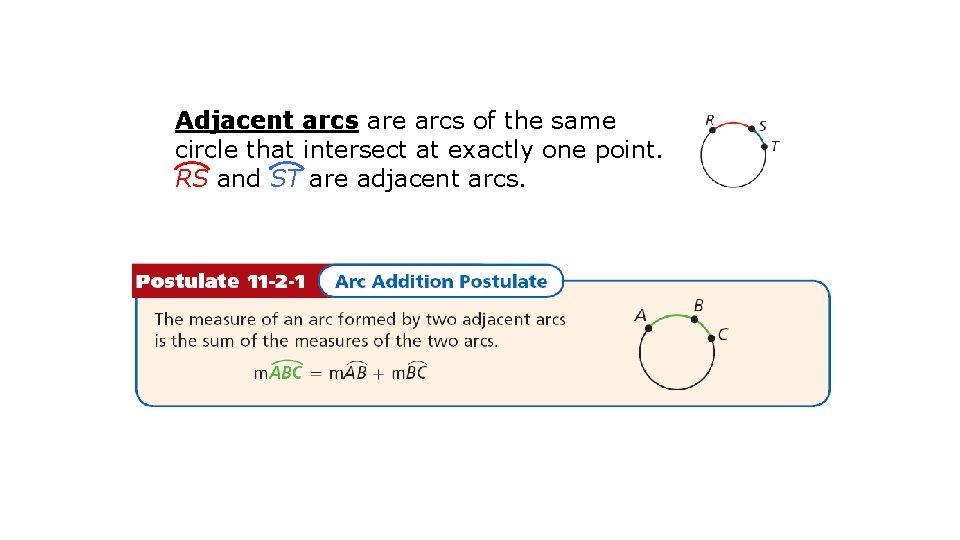 Adjacent arcs are arcs of the same circle that intersect at exactly one point.