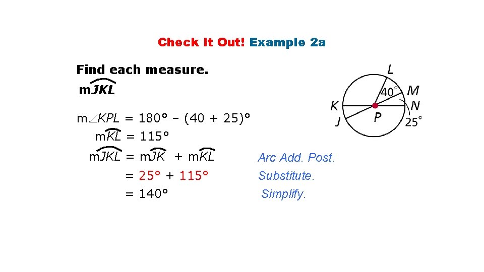 Check It Out! Example 2 a Find each measure. m. JKL m KPL =