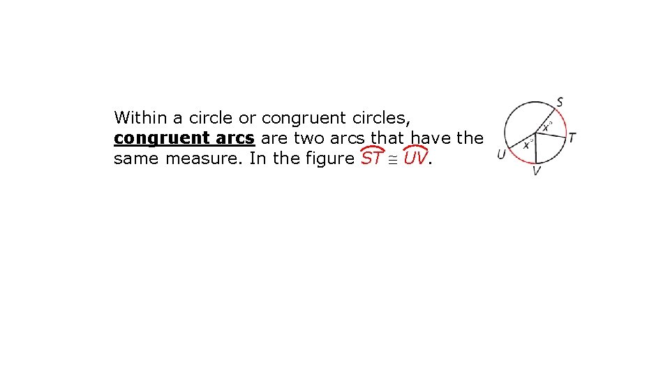 Within a circle or congruent circles, congruent arcs are two arcs that have the