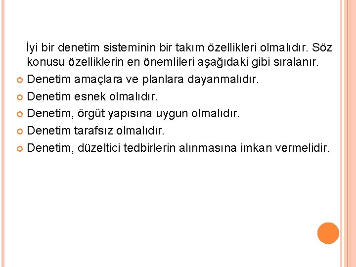  İyi bir denetim sisteminin bir takım özellikleri olmalıdır. Söz konusu özelliklerin en önemlileri