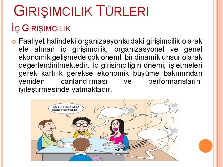 GIRIŞIMCILIK TÜRLERI İÇ GIRIŞIMCILIK Faaliyet halindeki organizasyonlardaki girişimcilik olarak ele alınan iç girişimcilik; organizasyonel