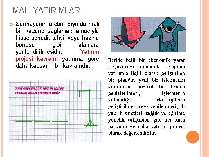 MALİ YATIRIMLAR Sermayenin üretim dışında mali bir kazanç sağlamak amacıyla hisse senedi, tahvil veya