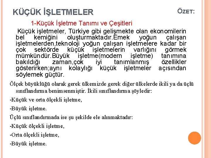 KÜÇÜK İŞLETMELER ÖZET: 1 Küçük İşletme Tanımı ve Çeşitleri Küçük işletmeler, Türkiye gibi gelişmekte