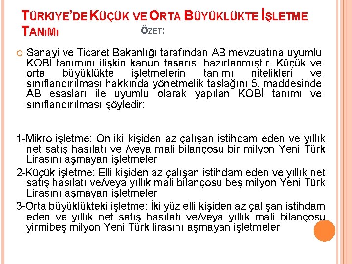 TÜRKIYE’DE KÜÇÜK VE ORTA BÜYÜKLÜKTE İŞLETME ÖZET: TANıMı Sanayi ve Ticaret Bakanlığı tarafından AB