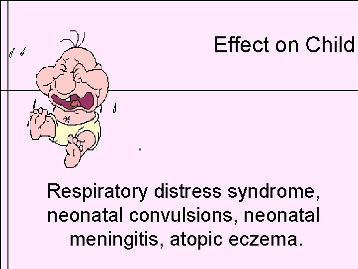 Effect on Child Respiratory distress syndrome, neonatal convulsions, neonatal meningitis, atopic eczema. 