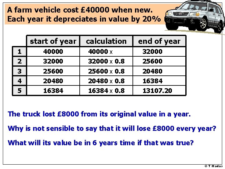 A farm vehicle cost £ 40000 when new. Each year it depreciates in value