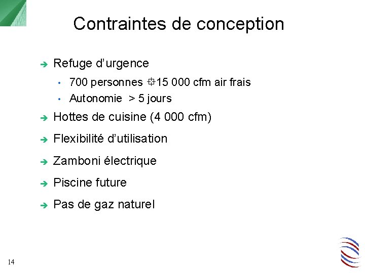 Contraintes de conception Refuge d’urgence 700 personnes 15 000 cfm air frais • Autonomie