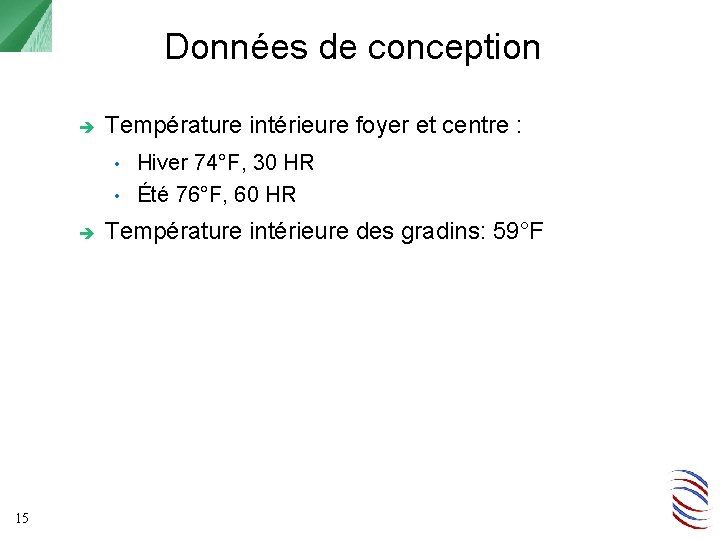 Données de conception Température intérieure foyer et centre : Hiver 74°F, 30 HR •