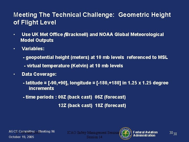 Meeting The Technical Challenge: Geometric Height of Flight Level • • Use UK Met