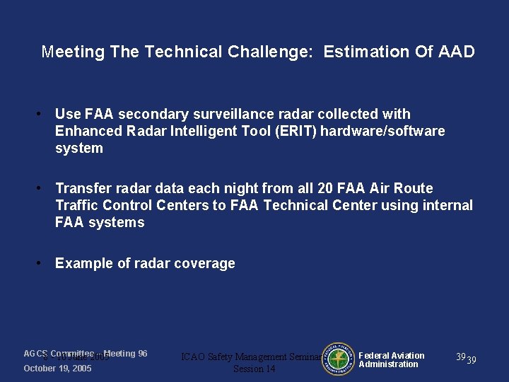 Meeting The Technical Challenge: Estimation Of AAD • Use FAA secondary surveillance radar collected