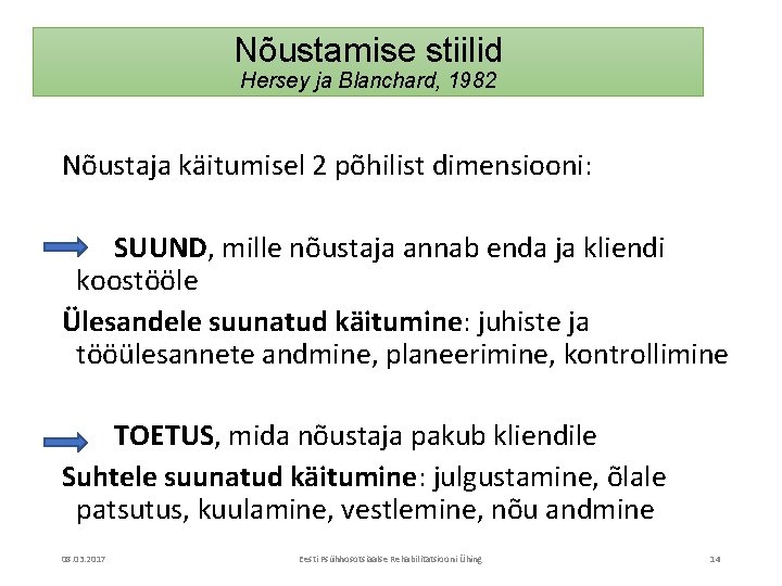 Nõustamise stiilid Hersey ja Blanchard, 1982 Nõustaja käitumisel 2 põhilist dimensiooni: SUUND, mille nõustaja