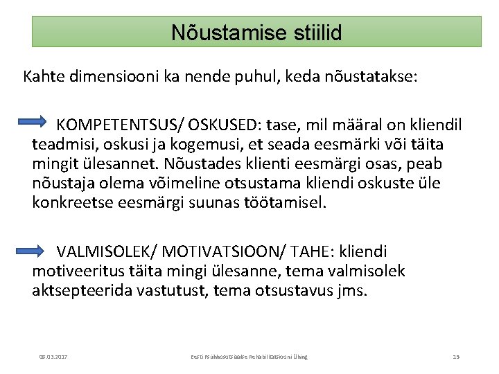 Nõustamise stiilid Kahte dimensiooni ka nende puhul, keda nõustatakse: KOMPETENTSUS/ OSKUSED: tase, mil määral