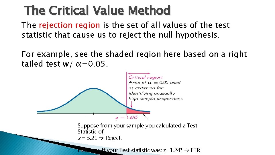 The Critical Value Method The rejection region is the set of all values of