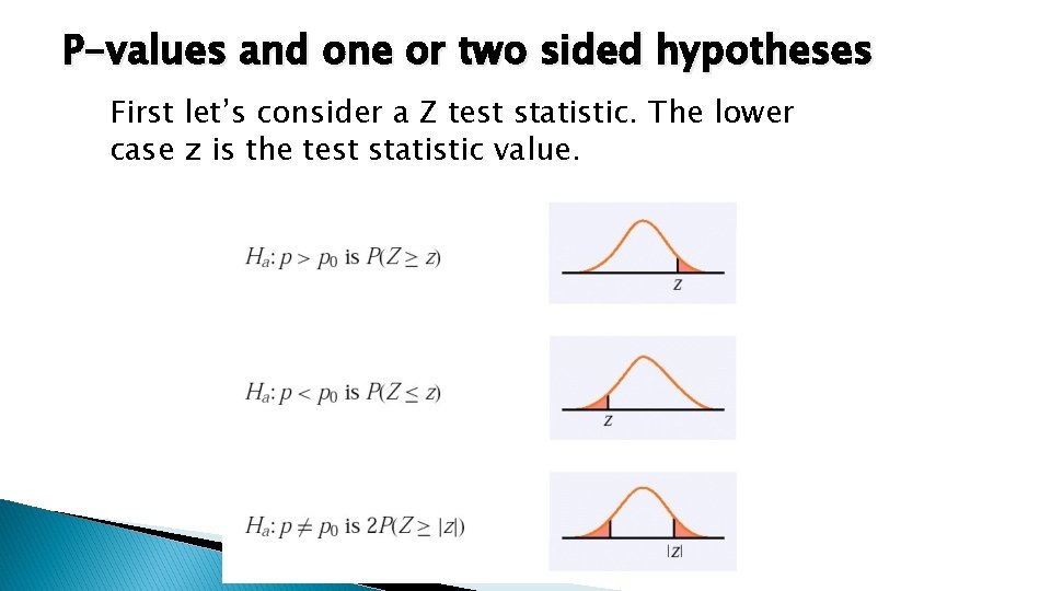 P-values and one or two sided hypotheses First let’s consider a Z test statistic.