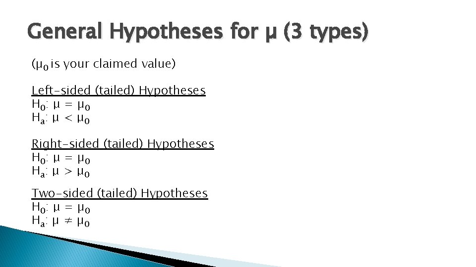 General Hypotheses for µ (3 types) (µ 0 is your claimed value) Left-sided (tailed)