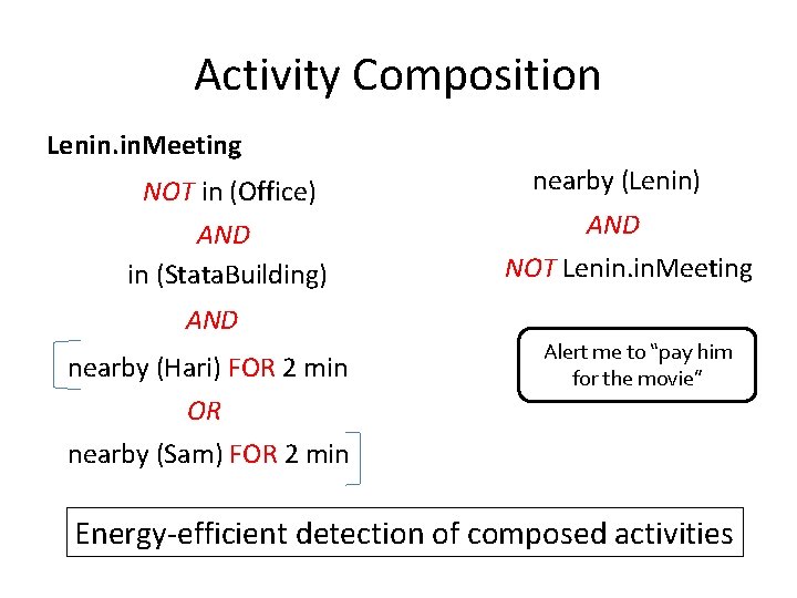 Activity Composition Lenin. Meeting NOT in (Office) AND in (Stata. Building) nearby (Lenin) AND