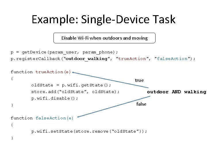 Example: Single-Device Task Disable Wi-Fi when outdoors and moving p = get. Device(param_user, param_phone);