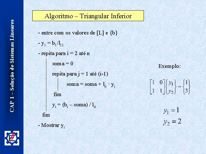 CAP 1 – Solução de Sistemas Lineares Algoritmo – Triangular Inferior - entre com