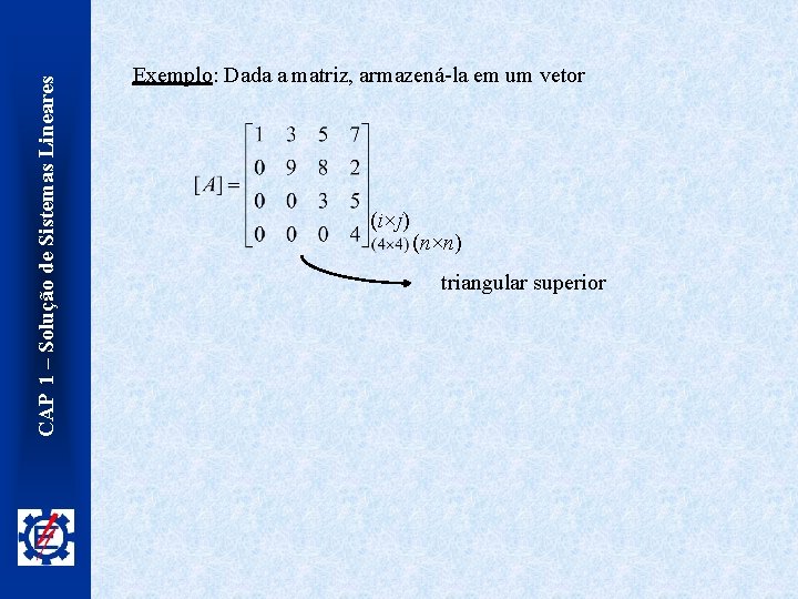 CAP 1 – Solução de Sistemas Lineares Exemplo: Dada a matriz, armazená-la em um