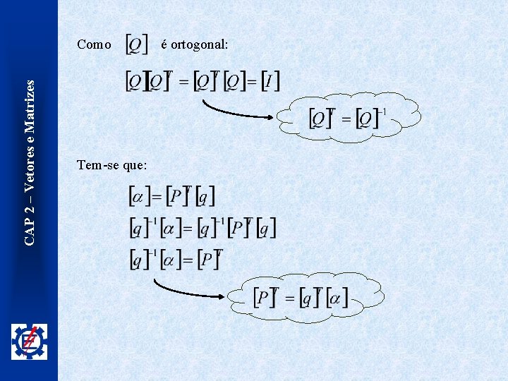 CAP 2 – Vetores e Matrizes Como Tem-se que: é ortogonal: 