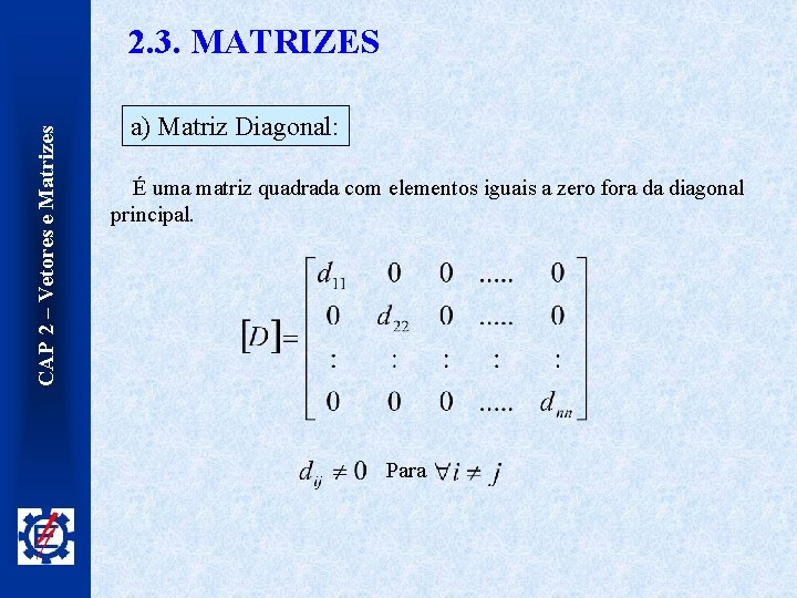 CAP 2 – Vetores e Matrizes 2. 3. MATRIZES a) Matriz Diagonal: É uma