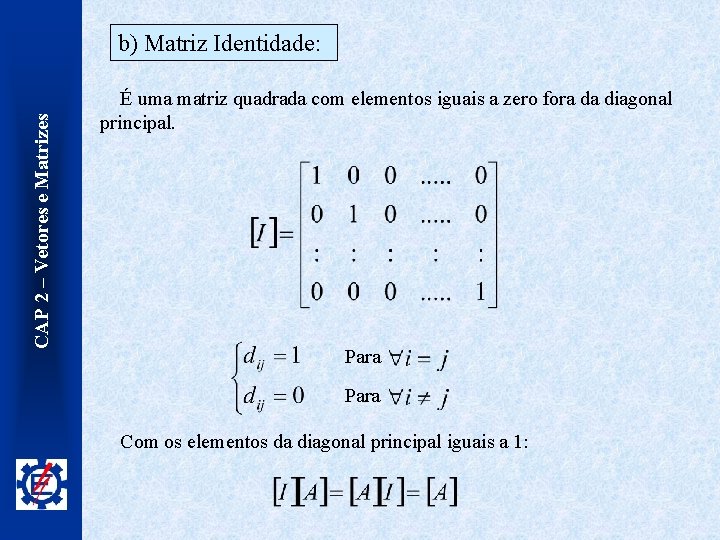 CAP 2 – Vetores e Matrizes b) Matriz Identidade: É uma matriz quadrada com