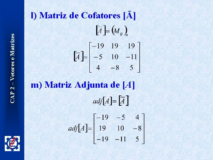 CAP 2 – Vetores e Matrizes l) Matriz de Cofatores [Ā] m) Matriz Adjunta