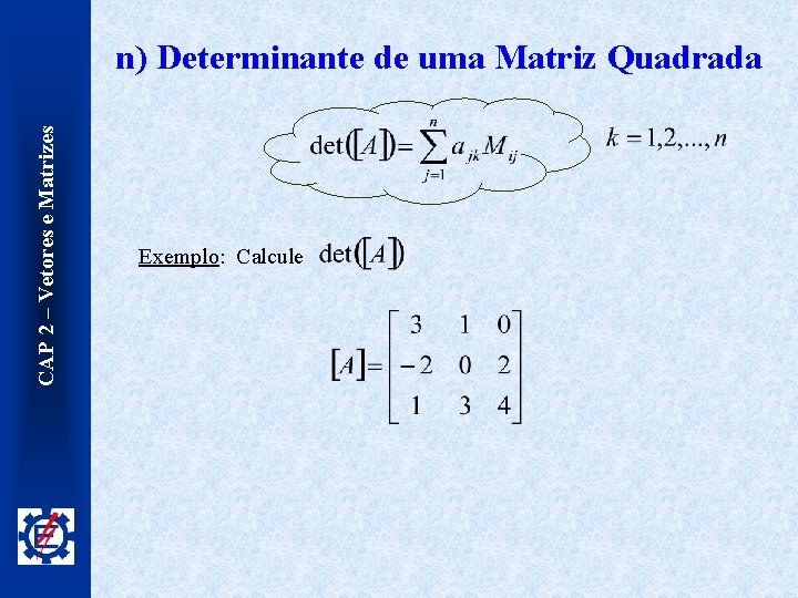 CAP 2 – Vetores e Matrizes n) Determinante de uma Matriz Quadrada Exemplo: Calcule