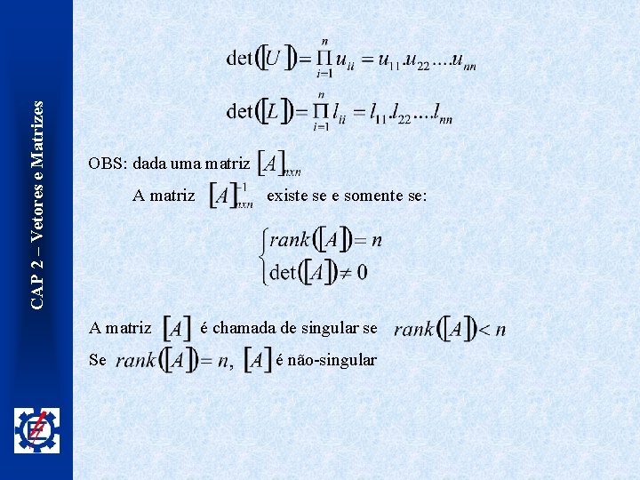 CAP 2 – Vetores e Matrizes OBS: dada uma matriz A matriz Se existe