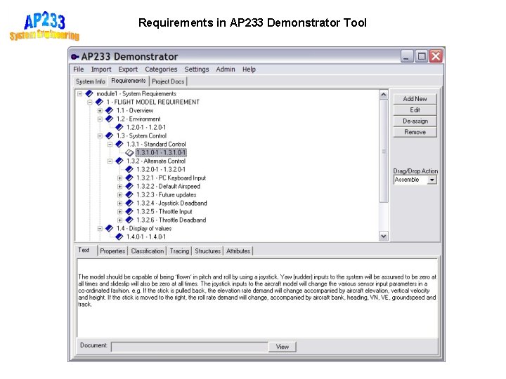 Requirements in AP 233 Demonstrator Tool 