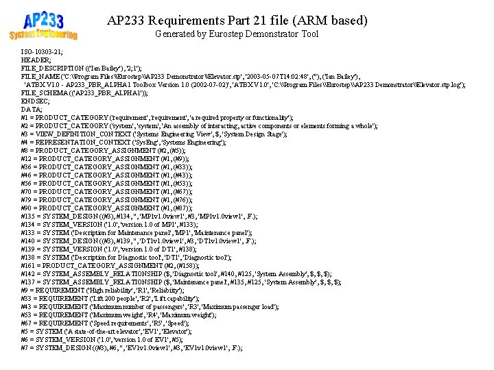AP 233 Requirements Part 21 file (ARM based) Generated by Eurostep Demonstrator Tool ISO-10303