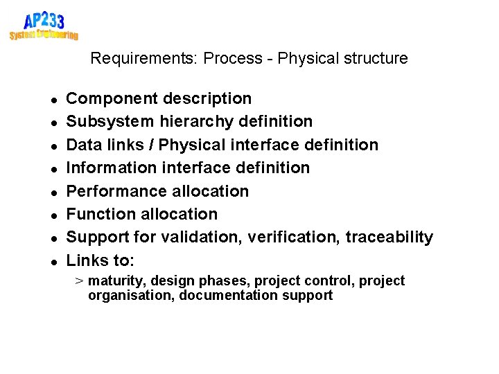 Requirements: Process - Physical structure Component description Subsystem hierarchy definition Data links / Physical