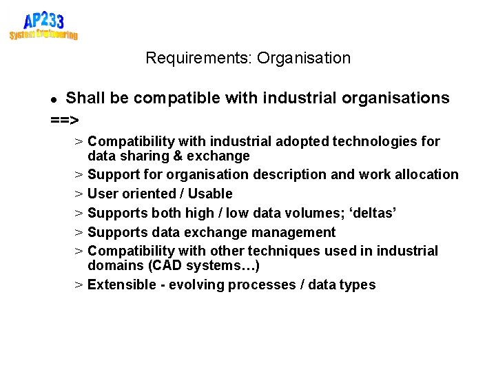 Requirements: Organisation Shall be compatible with industrial organisations ==> > Compatibility with industrial adopted