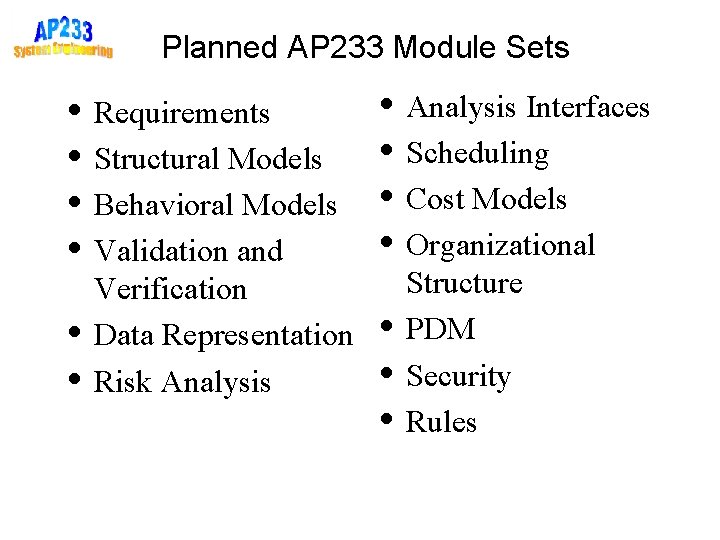 Planned AP 233 Module Sets • Requirements • Structural Models • Behavioral Models •