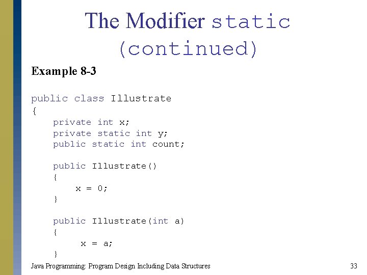 The Modifier static (continued) Example 8 -3 public class Illustrate { private int x;