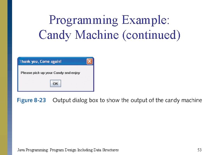 Programming Example: Candy Machine (continued) Java Programming: Program Design Including Data Structures 53 