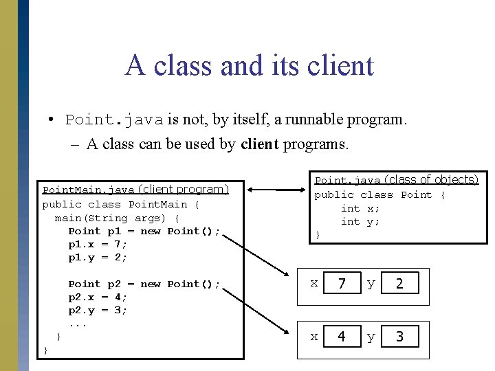 A class and its client • Point. java is not, by itself, a runnable