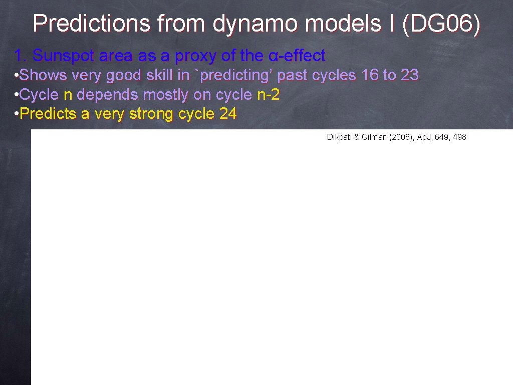 Predictions from dynamo models I (DG 06) 1. Sunspot area as a proxy of