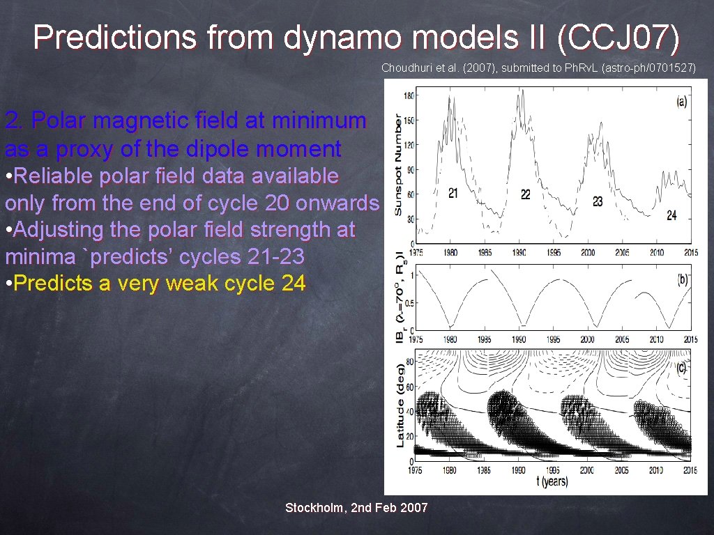 Predictions from dynamo models II (CCJ 07) Choudhuri et al. (2007), submitted to Ph.