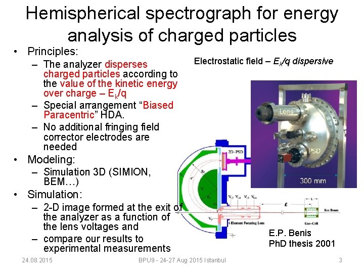 Hemispherical spectrograph for energy analysis of charged particles • Principles: – The analyzer disperses