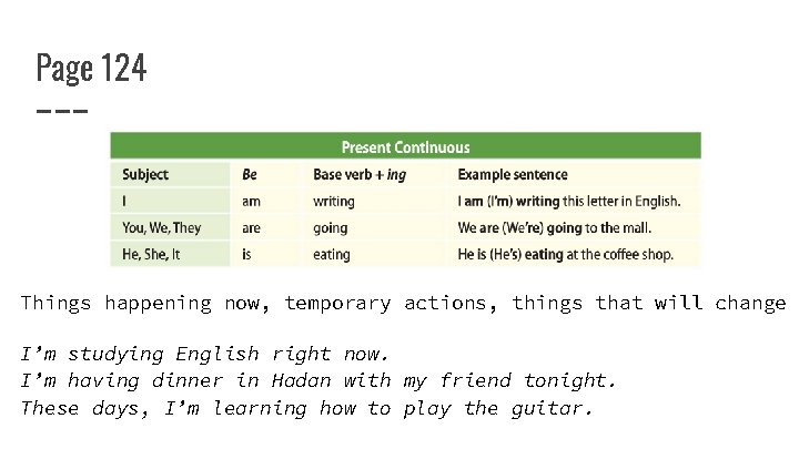 Page 124 Things happening now, temporary actions, things that will change I’m studying English