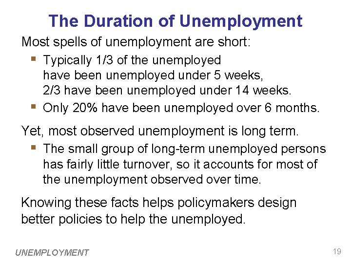 The Duration of Unemployment Most spells of unemployment are short: § Typically 1/3 of The Duration of Unemployment Most spells of unemployment are short: § Typically 1/3 of