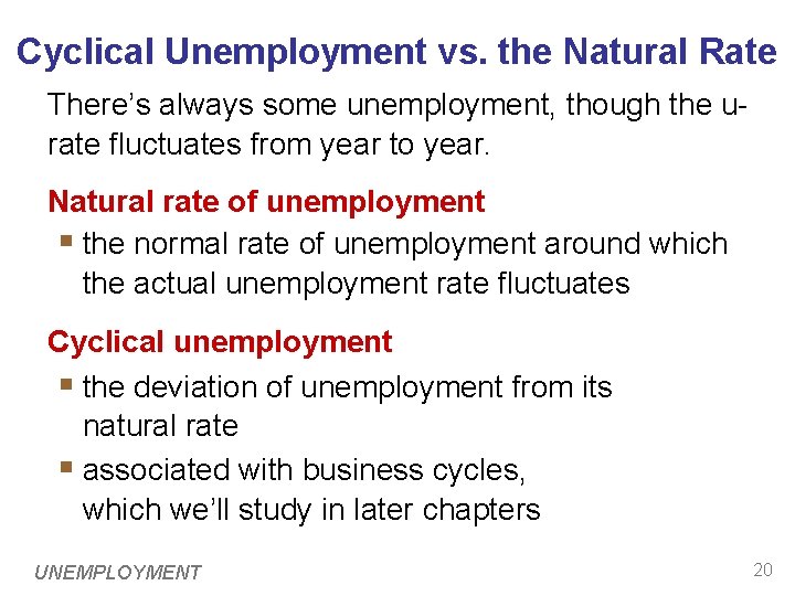 Cyclical Unemployment vs. the Natural Rate There’s always some unemployment, though the urate fluctuates Cyclical Unemployment vs. the Natural Rate There’s always some unemployment, though the urate fluctuates