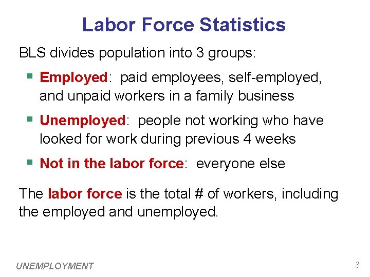 Labor Force Statistics BLS divides population into 3 groups: § Employed: paid employees, self-employed, Labor Force Statistics BLS divides population into 3 groups: § Employed: paid employees, self-employed,