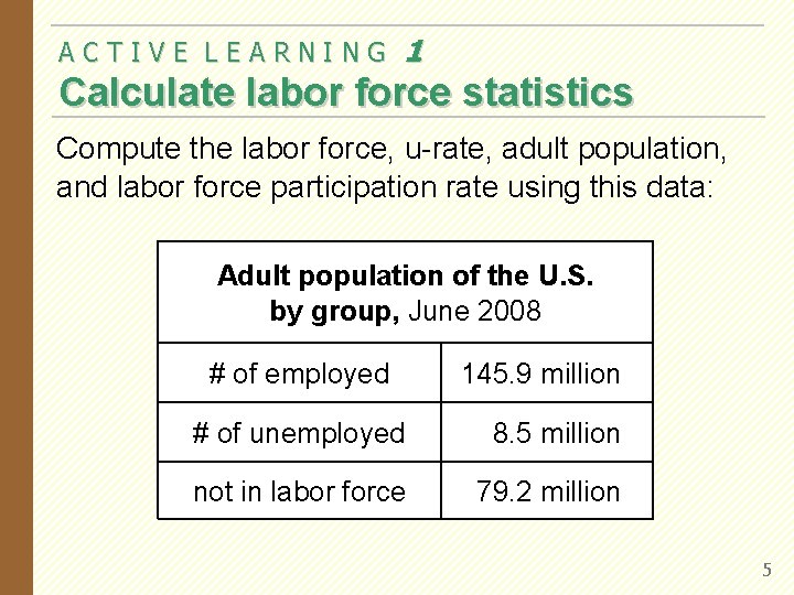 ACTIVE LEARNING 1 Calculate labor force statistics Compute the labor force, u-rate, adult population, ACTIVE LEARNING 1 Calculate labor force statistics Compute the labor force, u-rate, adult population,