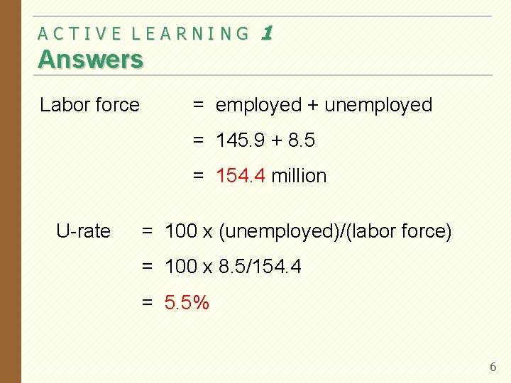 ACTIVE LEARNING 1 Answers Labor force = employed + unemployed = 145. 9 + ACTIVE LEARNING 1 Answers Labor force = employed + unemployed = 145. 9 +
