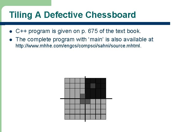 Tiling A Defective Chessboard l l C++ program is given on p. 675 of