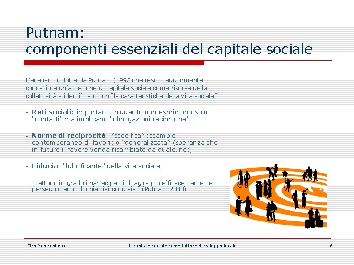 Putnam: componenti essenziali del capitale sociale L’analisi condotta da Putnam (1993) ha reso maggiormente